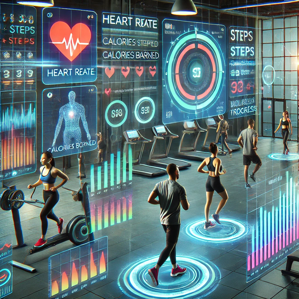 DALL·E 2025 02 20 17.09.01 A modern and stylish digital interface for fitness and health tracking set in a high tech gym environment. The scene features athletes working out us