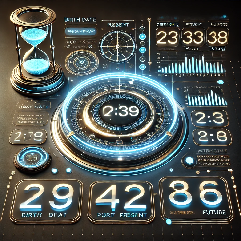 DALL·E 2025 02 20 17.12.00 A futuristic and modern digital interface for an age specific time calculator. The design features a sleek high tech screen displaying input fields f